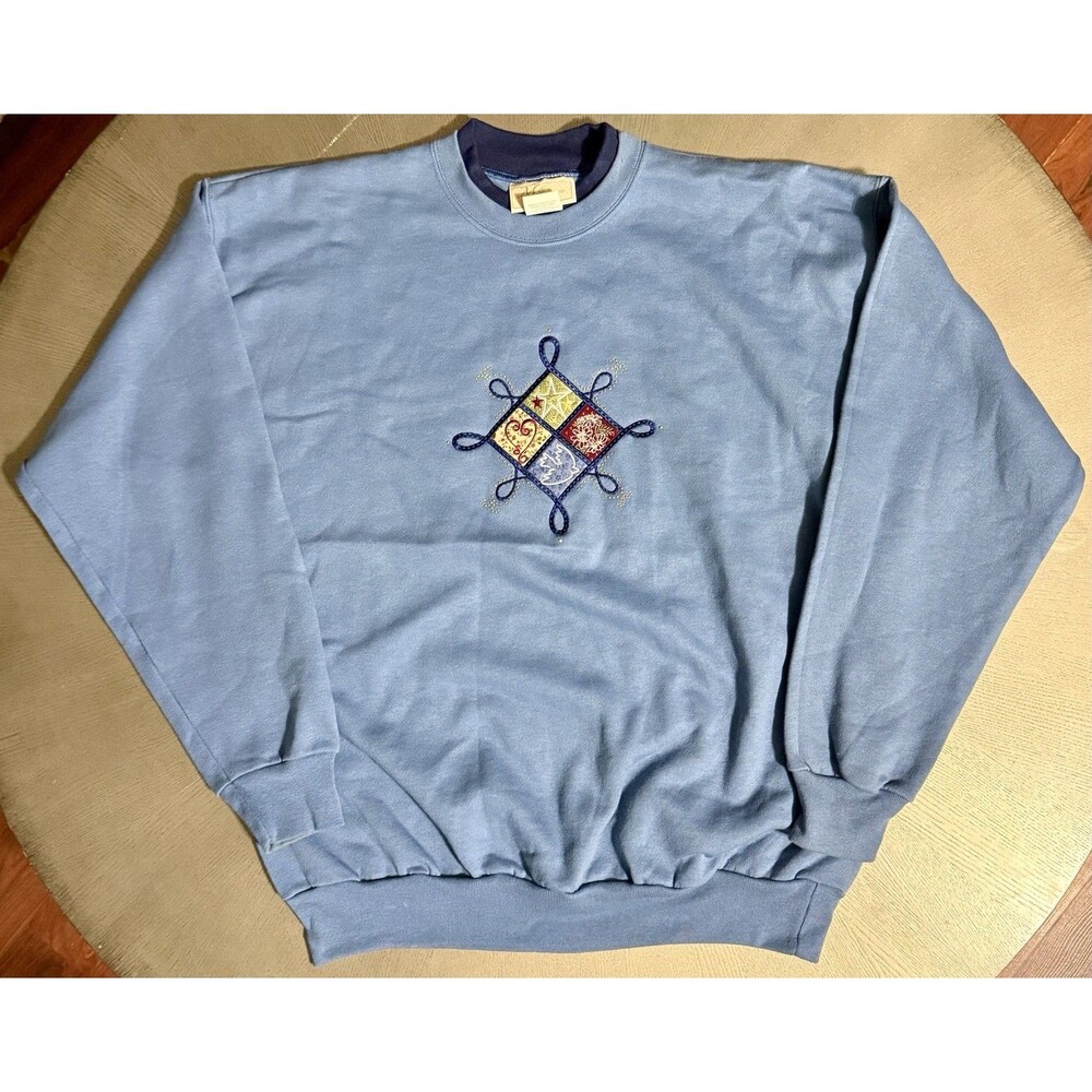 Vintage M&C Sportswear Embroidered Quilt Sweatshirt L Blue Double Collar 90s